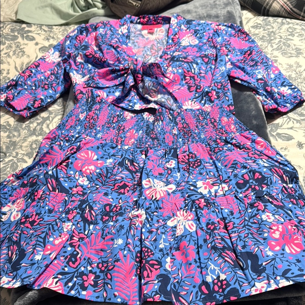 Blue and Pink Floral A-Line Dress